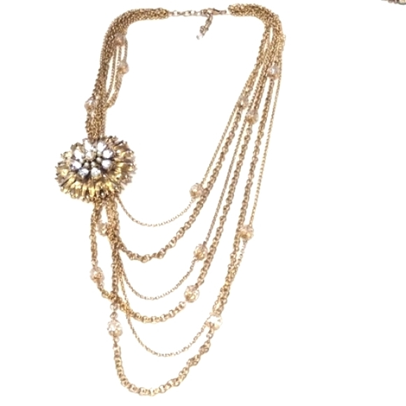 R.J. Graziano Jewelry - R.J. GRAZIANO BRUSHED GOLD MULTICHAIN NECKLACE W/CRYSTALS & SIDE FLORAL PENDANT